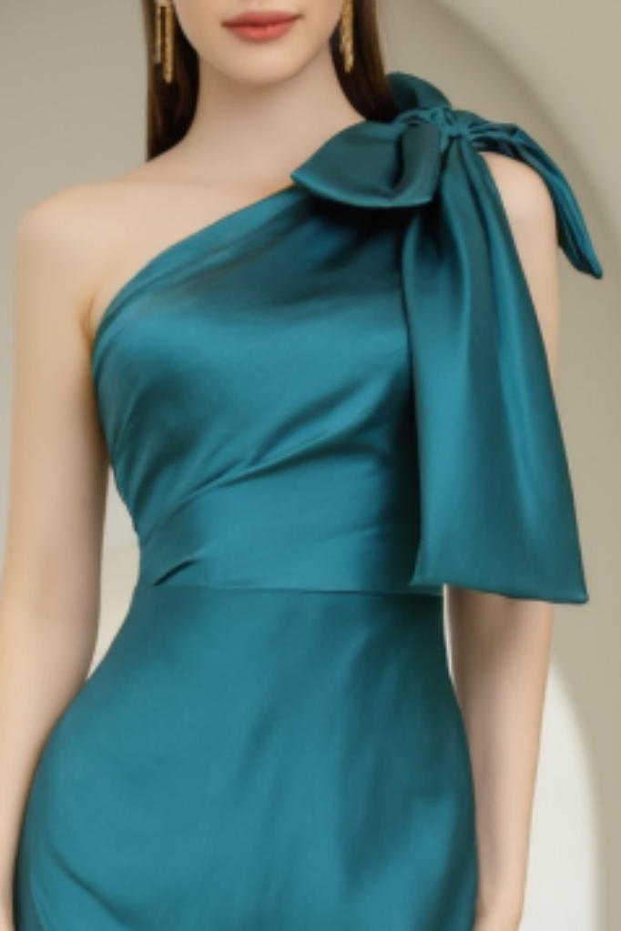 Evening Formal Satin Dress​​ Green One Shoulder Floor-Length Dress