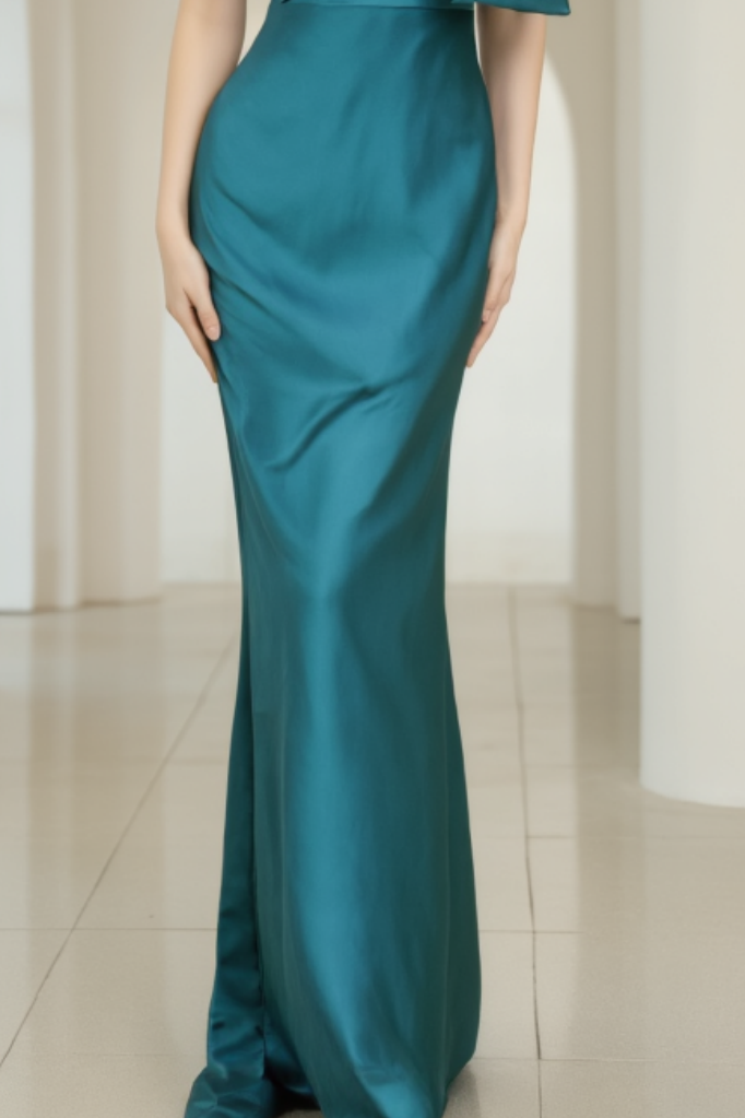 Evening Formal Satin Dress Green One Shoulder Floor-Length Dress