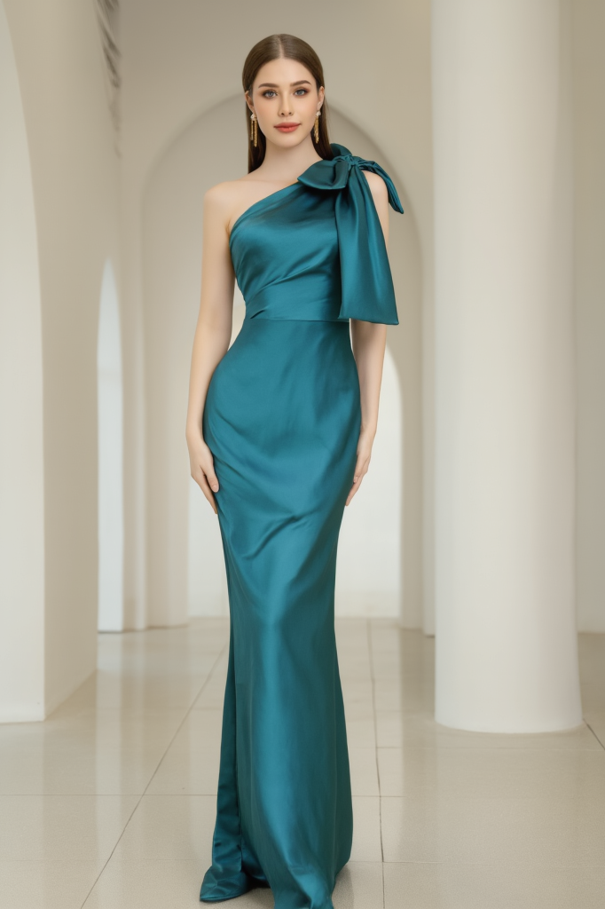Evening Formal Satin Dress​​ Green One Shoulder Floor-Length Dress