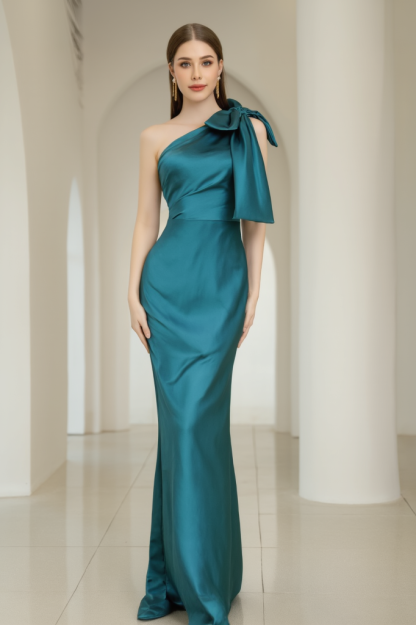 Evening Formal Satin Dress​​ Green One Shoulder Floor-Length Dress