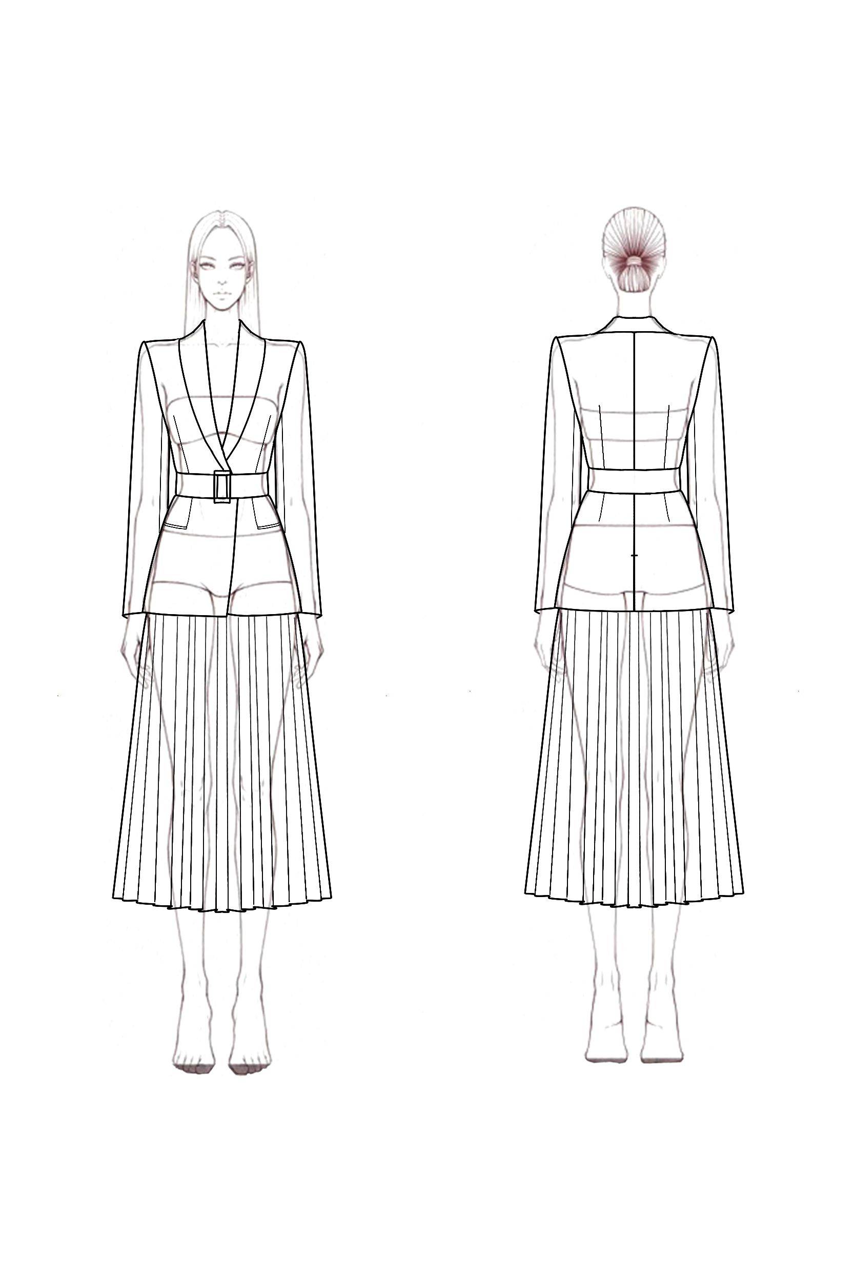 Work Blazer Suit White Lapel Pleated Midi Skirt Set​​ 