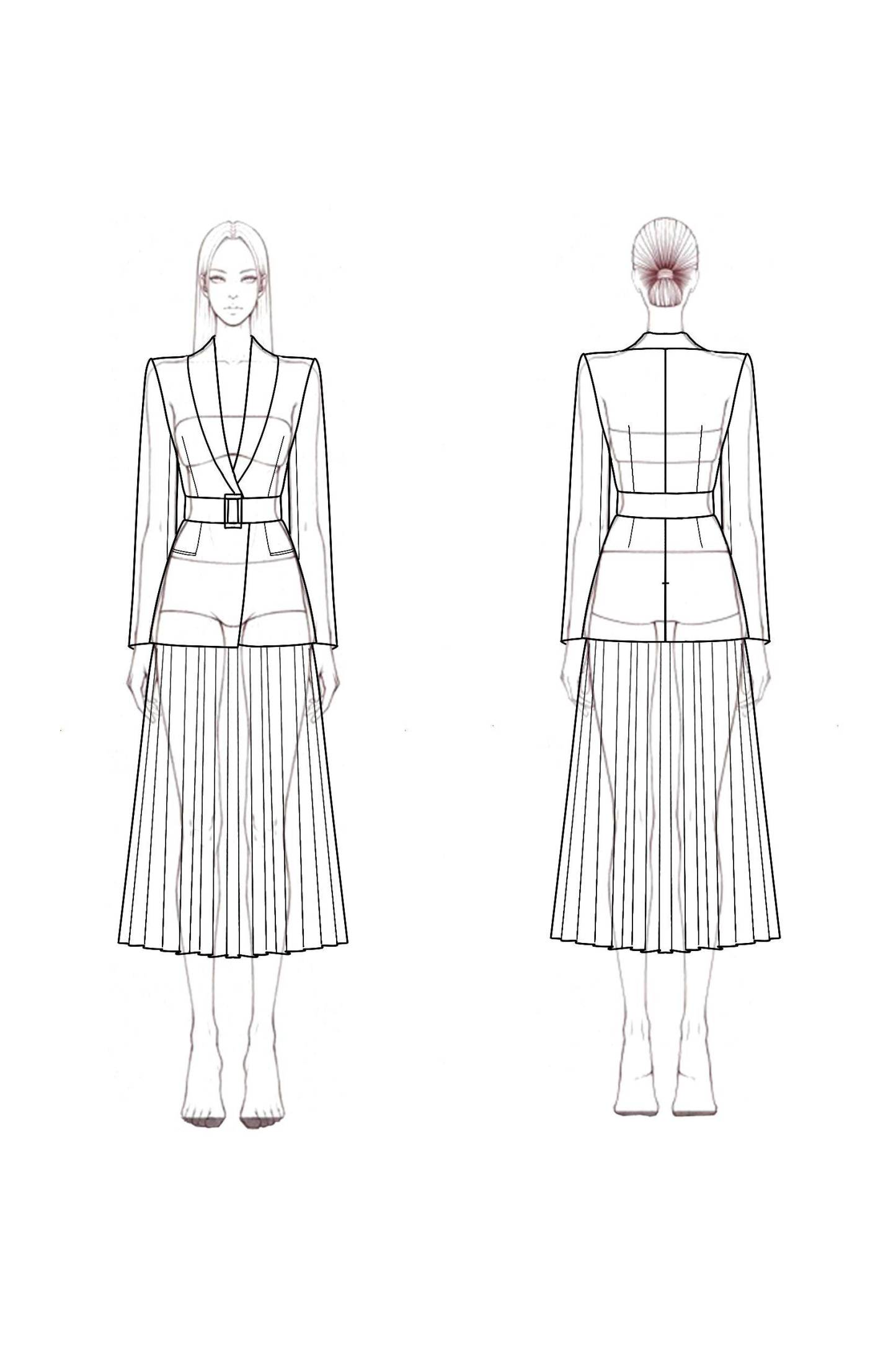 Work Blazer Suit White Lapel Pleated Midi Skirt Set​​ 
