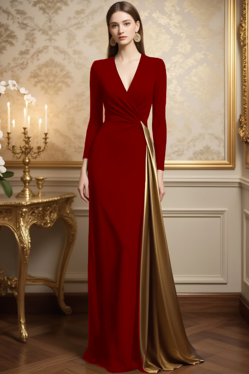 Evening ​Dress​​ Black V Neck Colorblock Floor-Length Dress