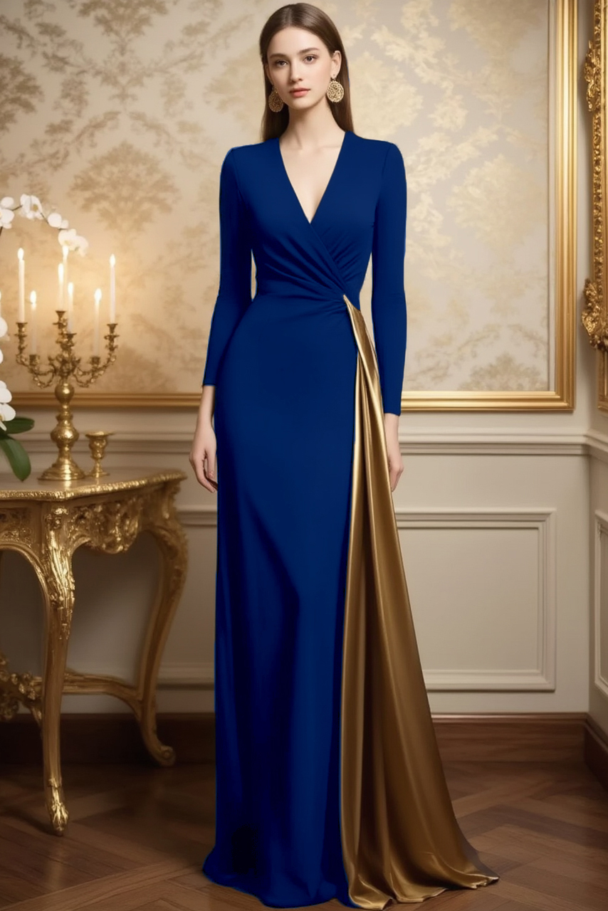 Evening ​Dress​​ Black V Neck Colorblock Maxi Dress