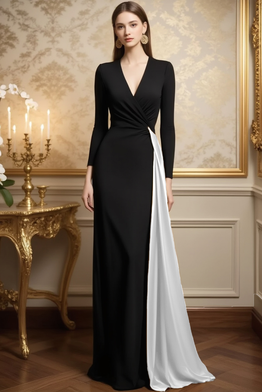 Evening ​Dress​​ Black V Neck Colorblock Maxi Dress