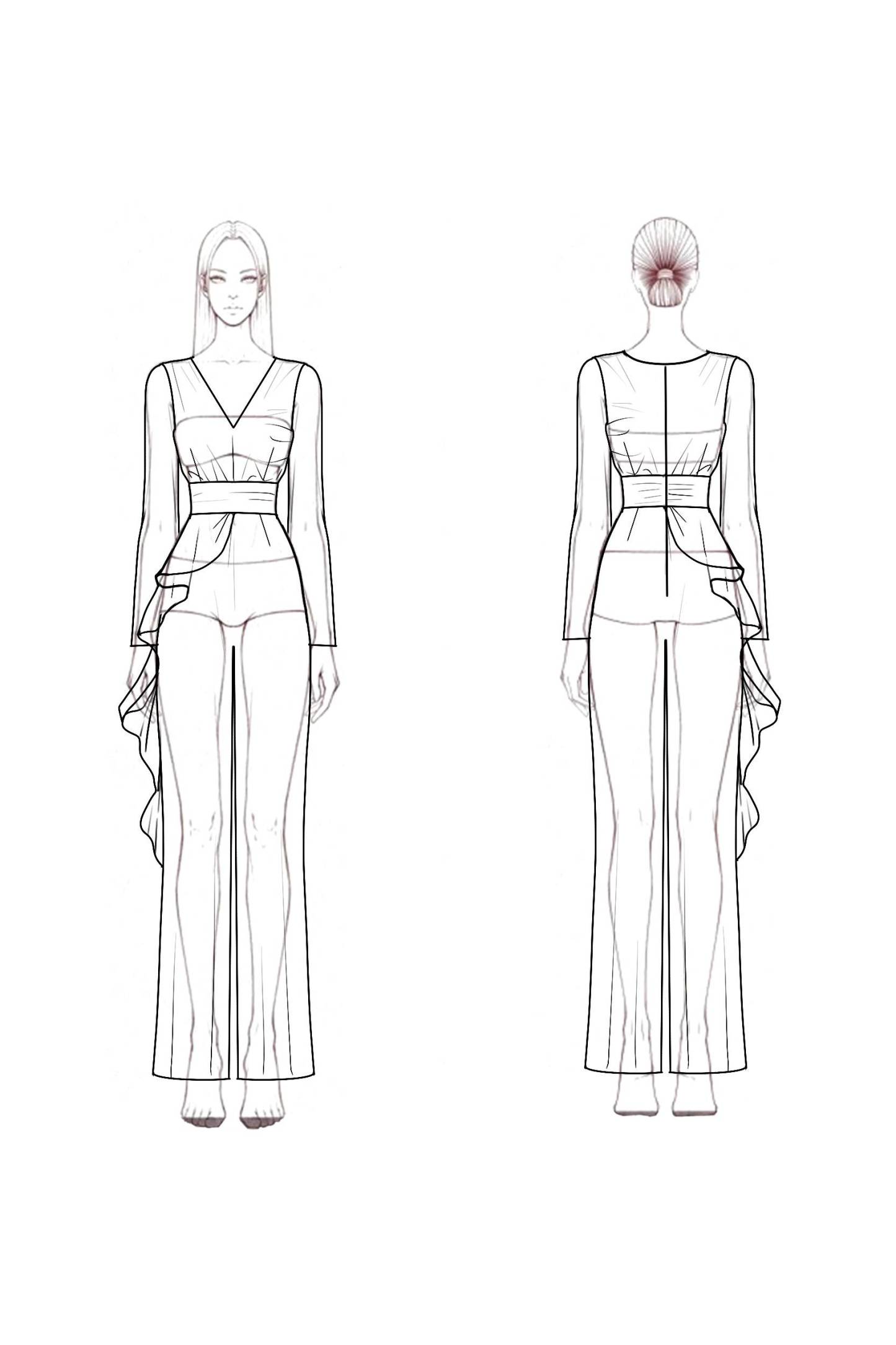 Work Jumpsuit Navy V Neck Ruffle Long Sleeve