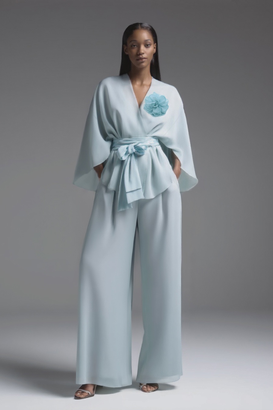 Evening Pant Set Blue Long Sleeve Wrap-Tie Two-Piece Wide-Leg