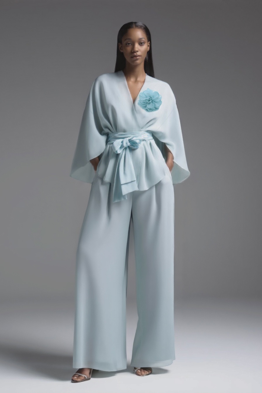 Evening Pant Set Blue Long Sleeve Wrap-Tie Two-Piece Wide-Leg