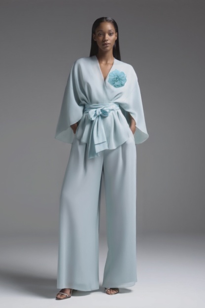 Evening Pant Set Blue Long Sleeve Wrap-Tie Two-Piece Wide-Leg