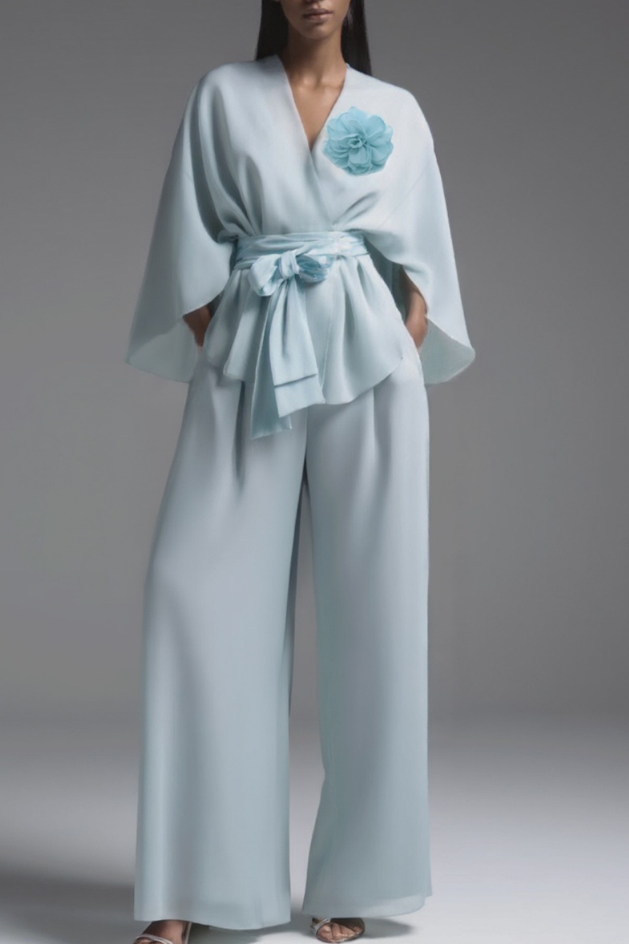 Evening Pant Set Blue Long Sleeve Wrap-Tie Two-Piece Wide-Leg