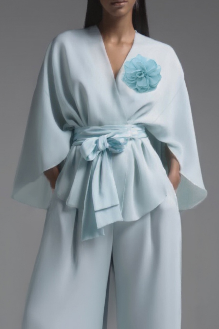 Evening Pant Set Blue Long Sleeve Wrap-Tie Two-Piece Wide-Leg