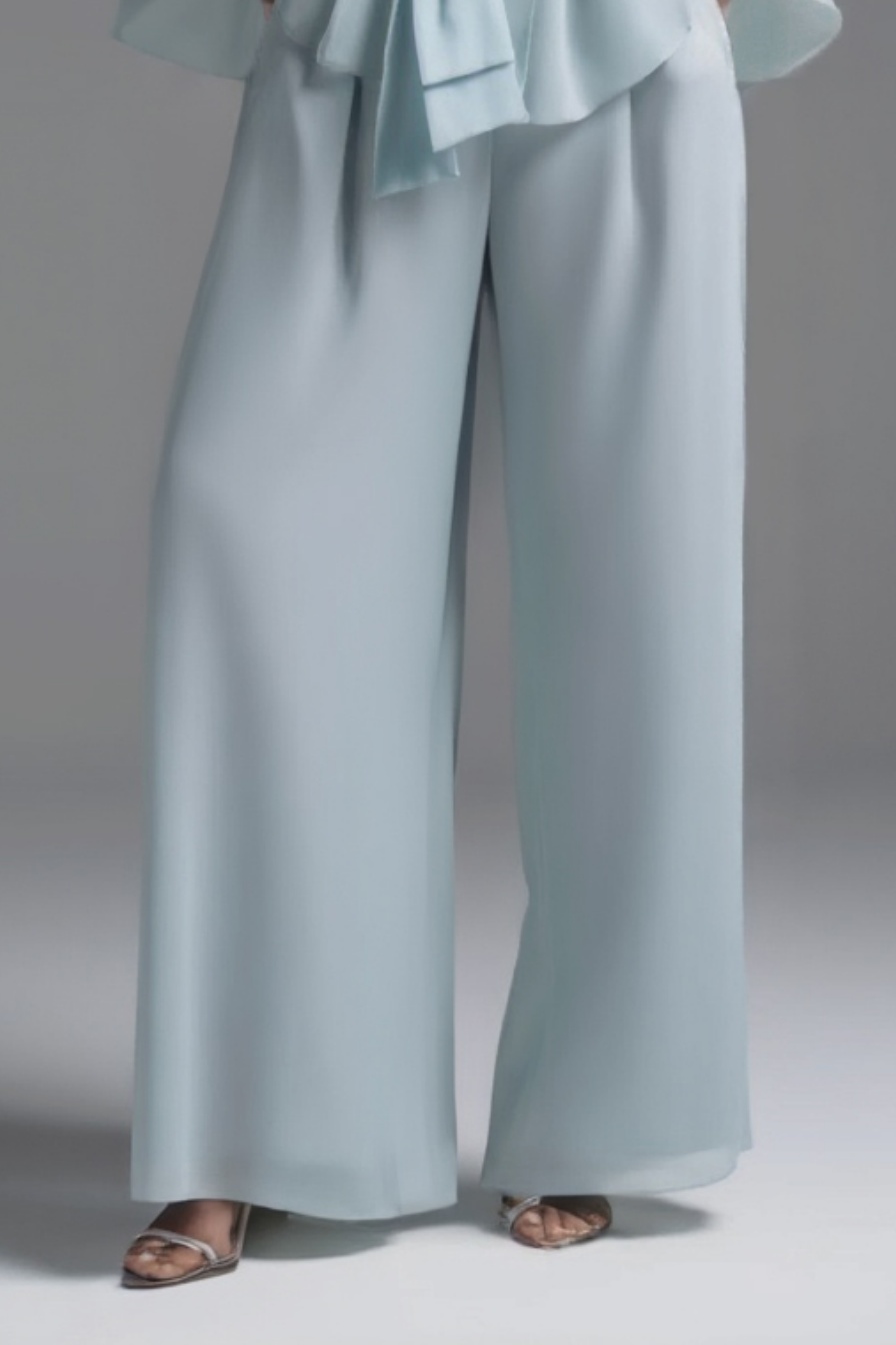 Evening Pant Set Blue Long Sleeve Wrap-Tie Two-Piece Wide-Leg