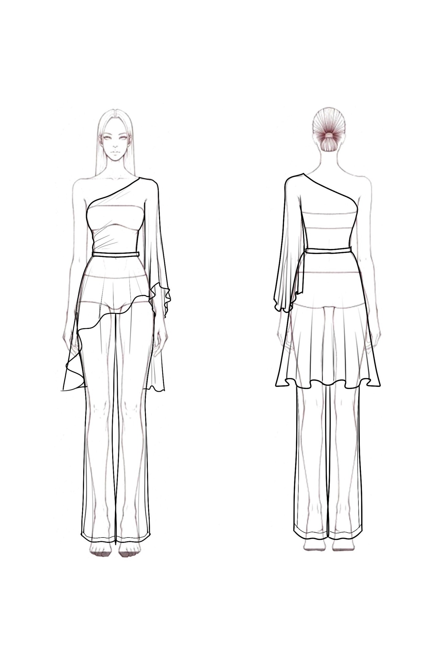 Outfit Sets Blue One Shoulder Belted Chiffon Pants Set 