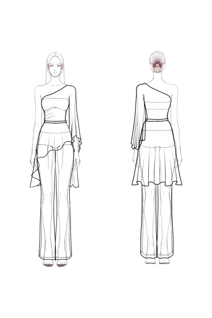 Outfit Sets Blue One Shoulder Belted Chiffon Pants Set 