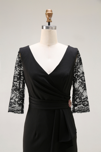 Party Mermaid Dress​​ Black Lace V Neck Midi Dress