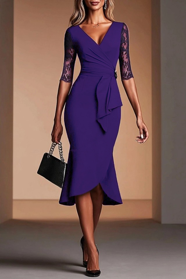 Party Mermaid Dress​​ Black Lace V Neck Midi Dress