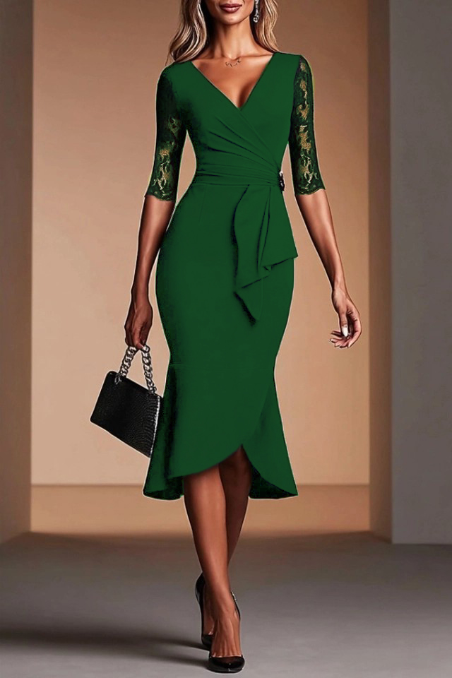 Party Mermaid Dress​​ Black Lace V Neck Midi Dress