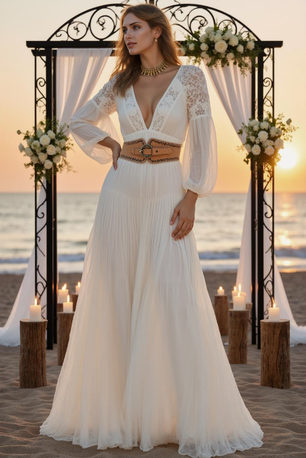 Formal ​Wedding Dress White Deep V Long Sleeve Belted Maxi Dress