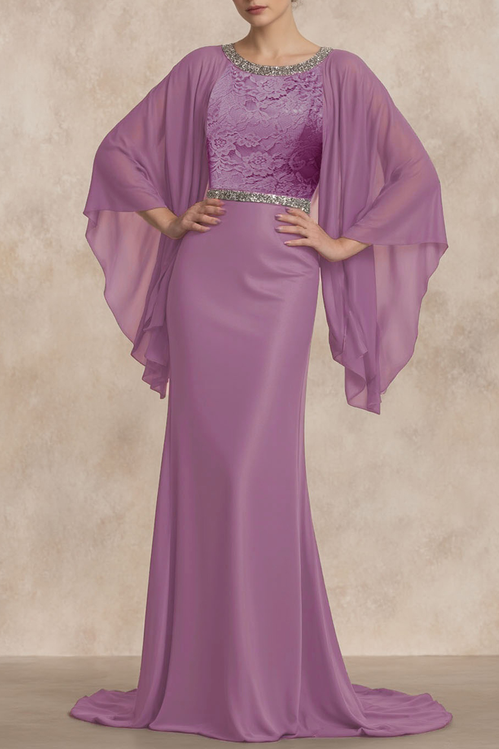 Formal Swing Dress Purple Crew Neck Cape Maxi Dress