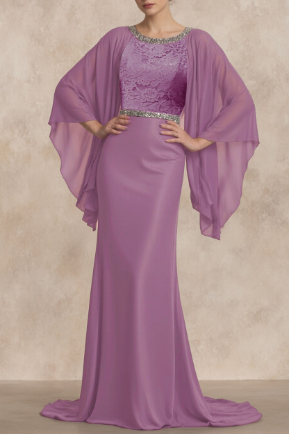 Formal Swing Dress Purple Crew Neck Cape Maxi Dress