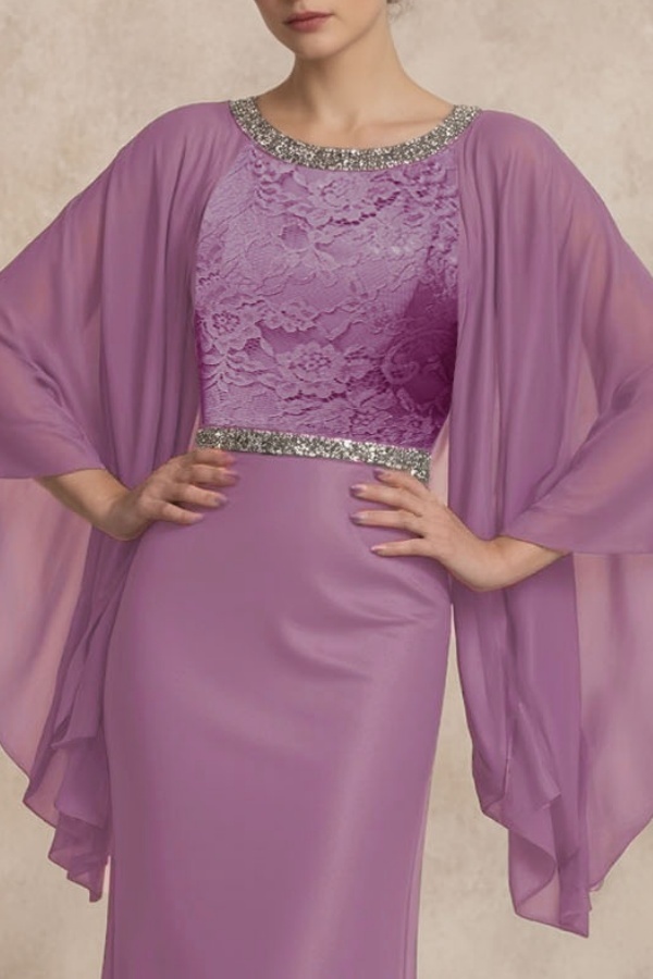 Formal Swing Dress Purple Crew Neck Cape Maxi Dress