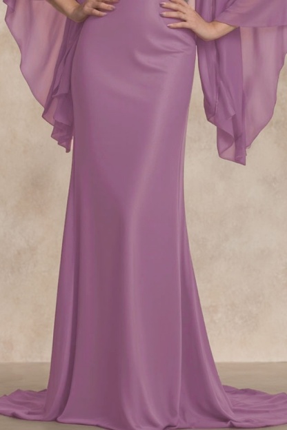 Formal Swing Dress Purple Crew Neck Cape Maxi Dress