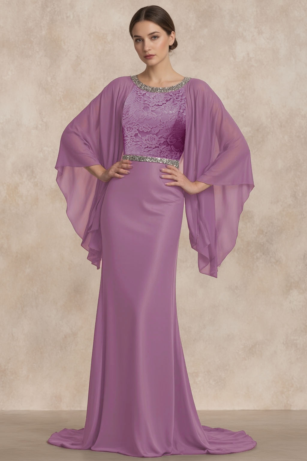 Formal Swing Dress Purple Crew Neck Cape Maxi Dress