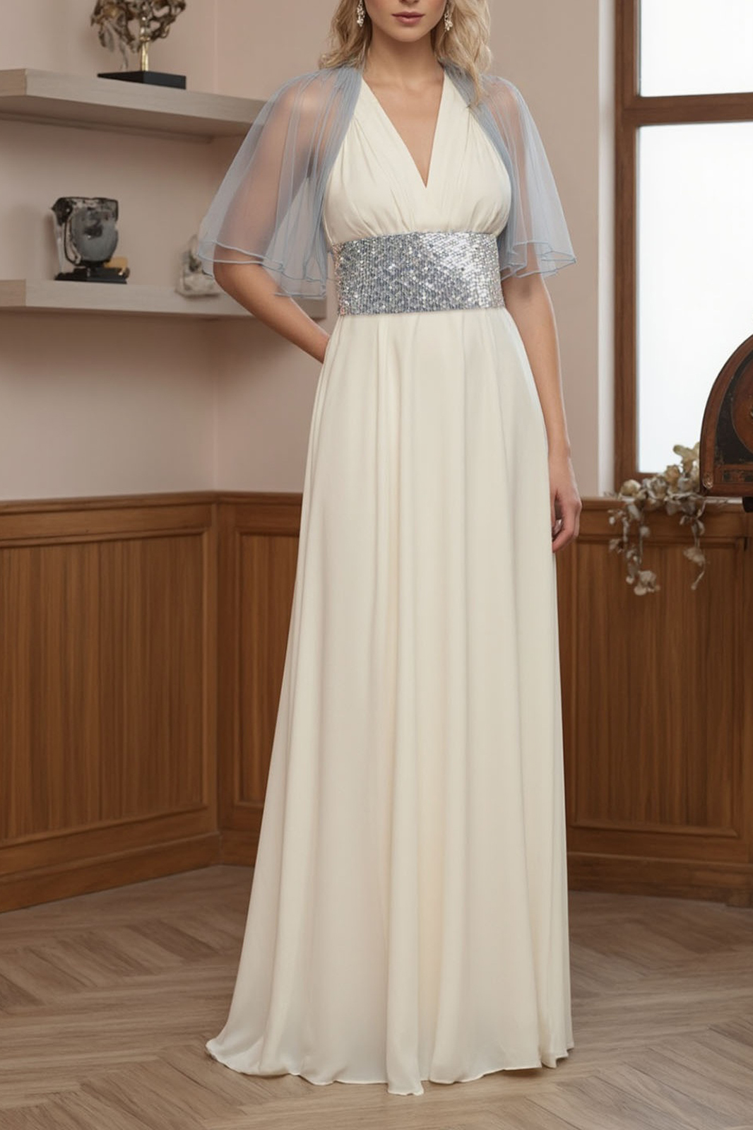 Formal Swing Dress White V Neck Cape Maxi Dress for mother of the bride