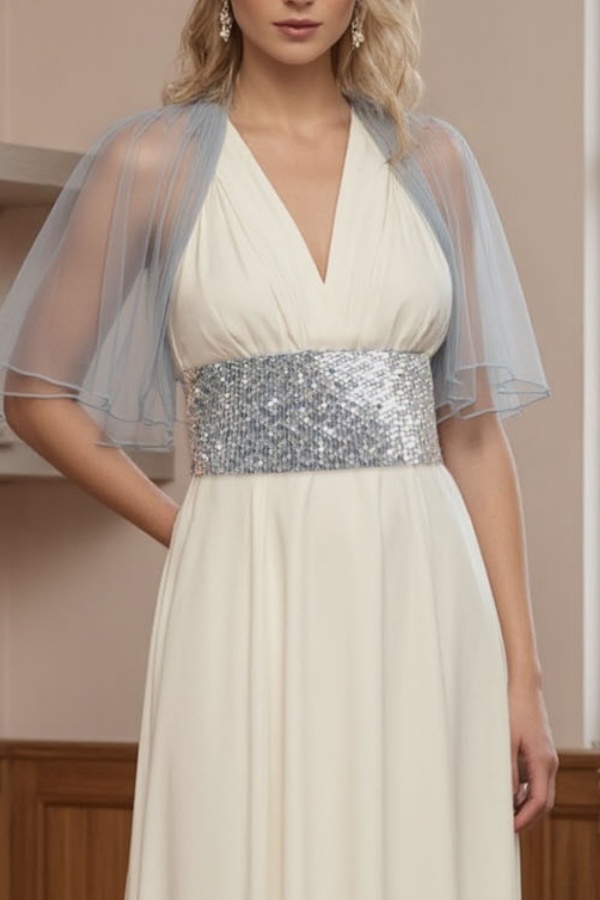 Formal Swing Dress White V Neck Cape Maxi Dress for mother of the bride
