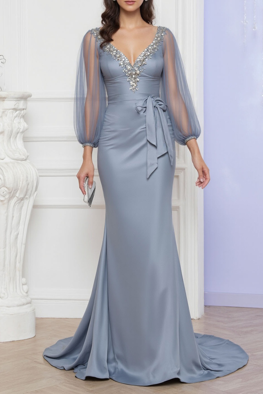 ​Evening Swing Dress Blue V Neck Lace up Maxi Dress for mother of the bride