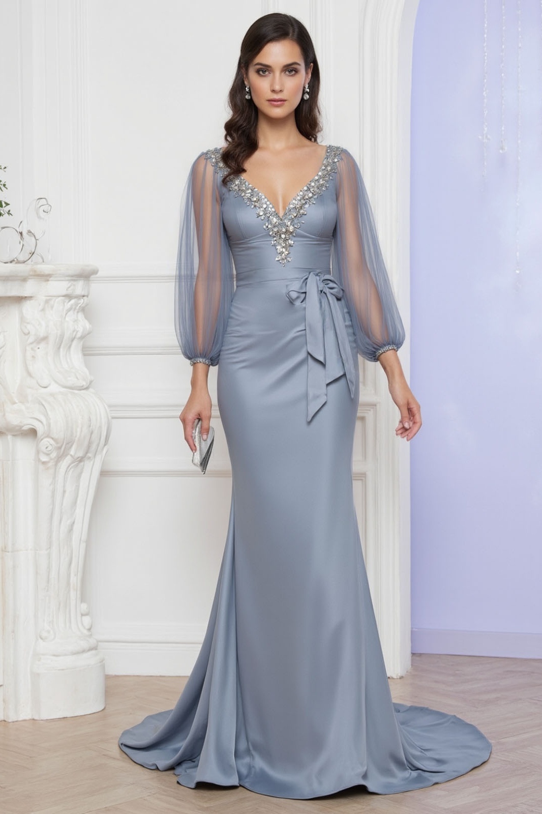 ​Evening Swing Dress Blue V Neck Lace up Maxi Dress for mother of the bride