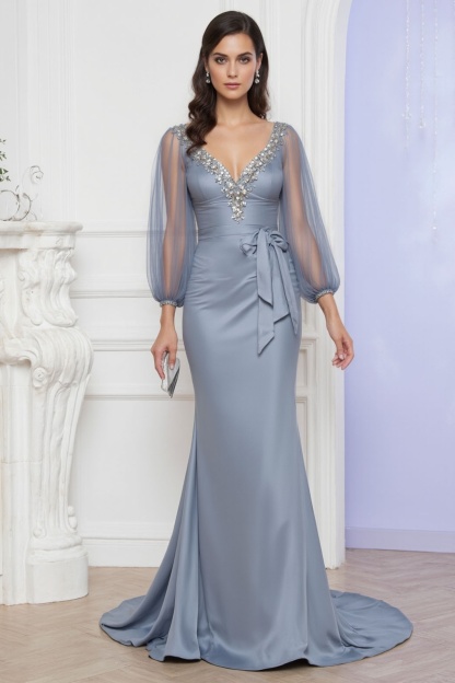 ​Evening Swing Dress Blue V Neck Lace up Maxi Dress for mother of the bride