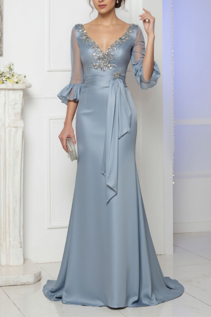 Evening Satin Dress Blue V Neck Lace up Maxi Dress for mother of the bride