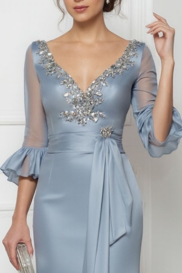 Evening Satin Dress Blue V Neck Lace up Maxi Dress for mother of the bride