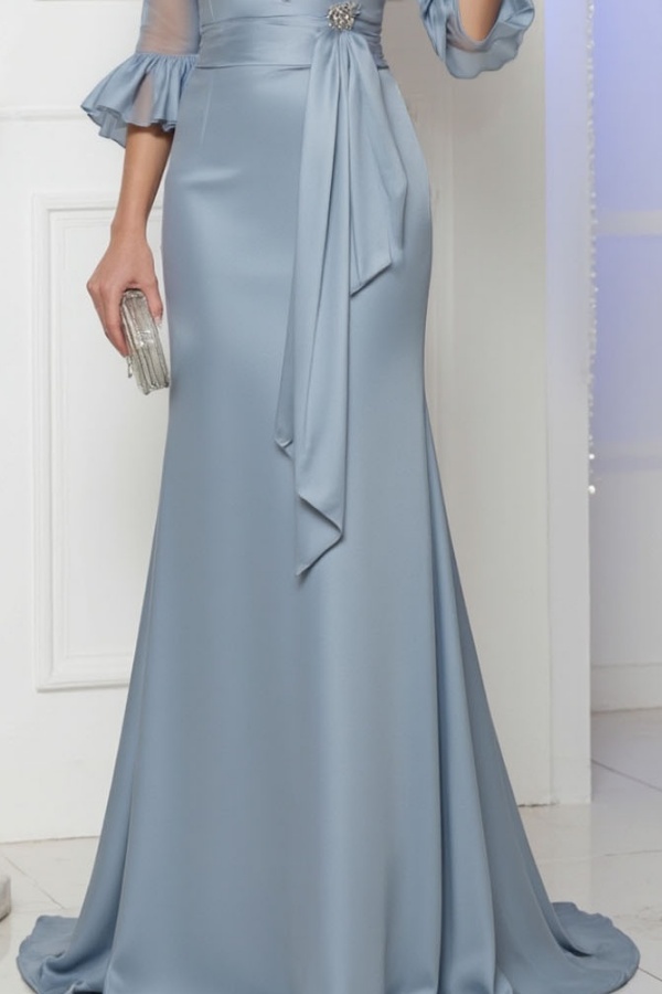 Evening Satin Dress Blue V Neck Lace up Maxi Dress for mother of the bride