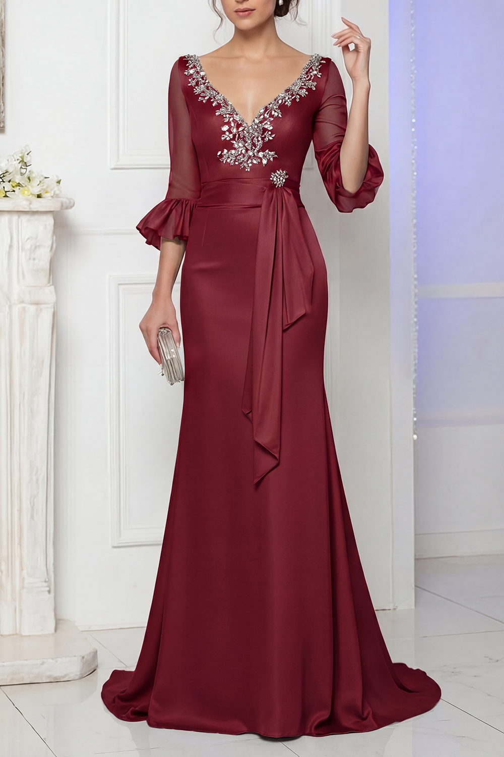 Evening Satin Dress Blue V Neck Lace Up Maxi Mother of the Bride Dress