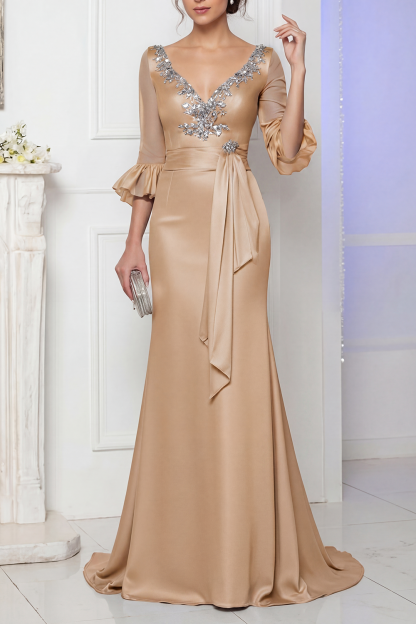 Evening Satin Dress Blue V Neck Lace Up Maxi Mother of the Bride Dress