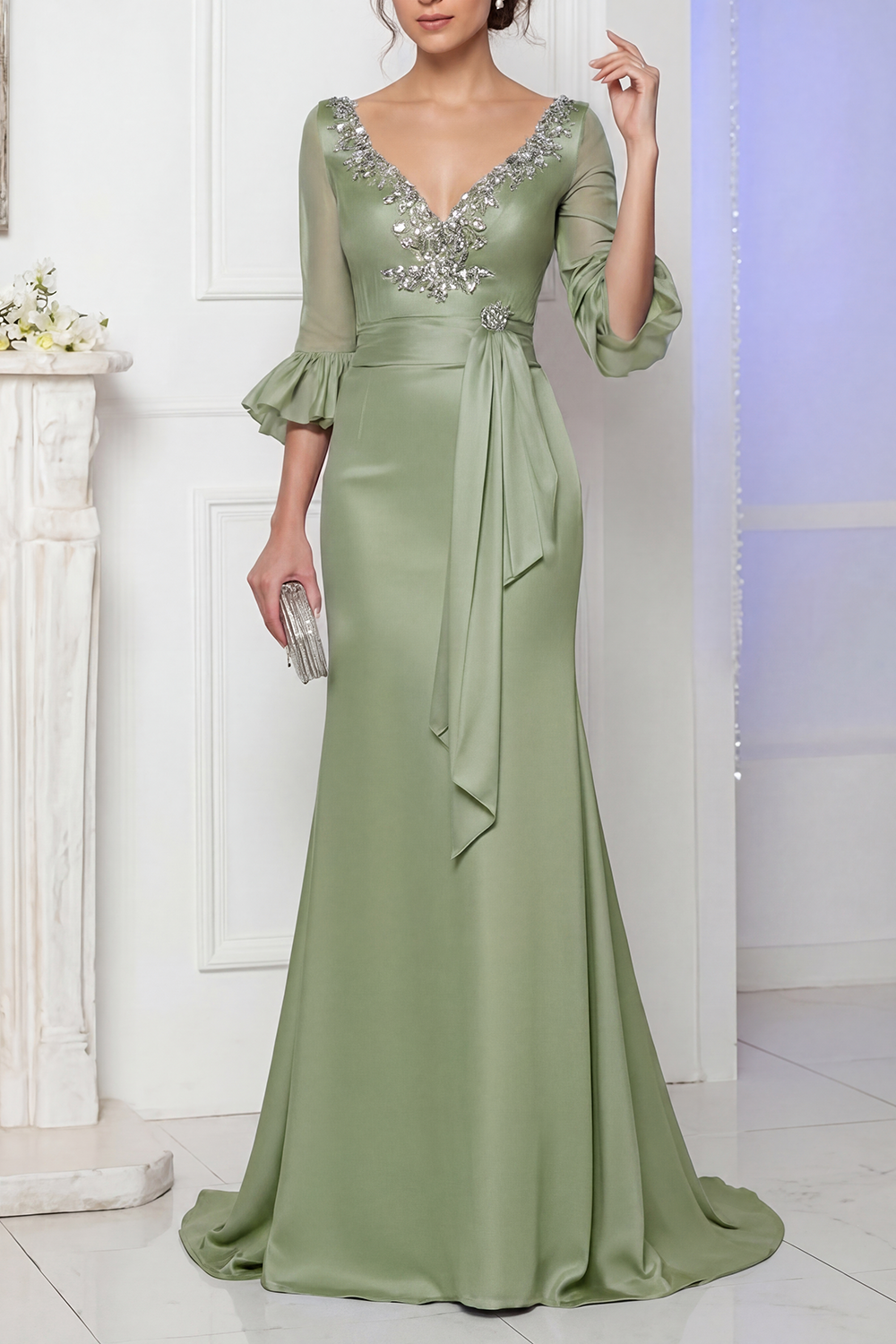 Evening Satin Dress Blue V Neck Lace Up Maxi Mother of the Bride Dress