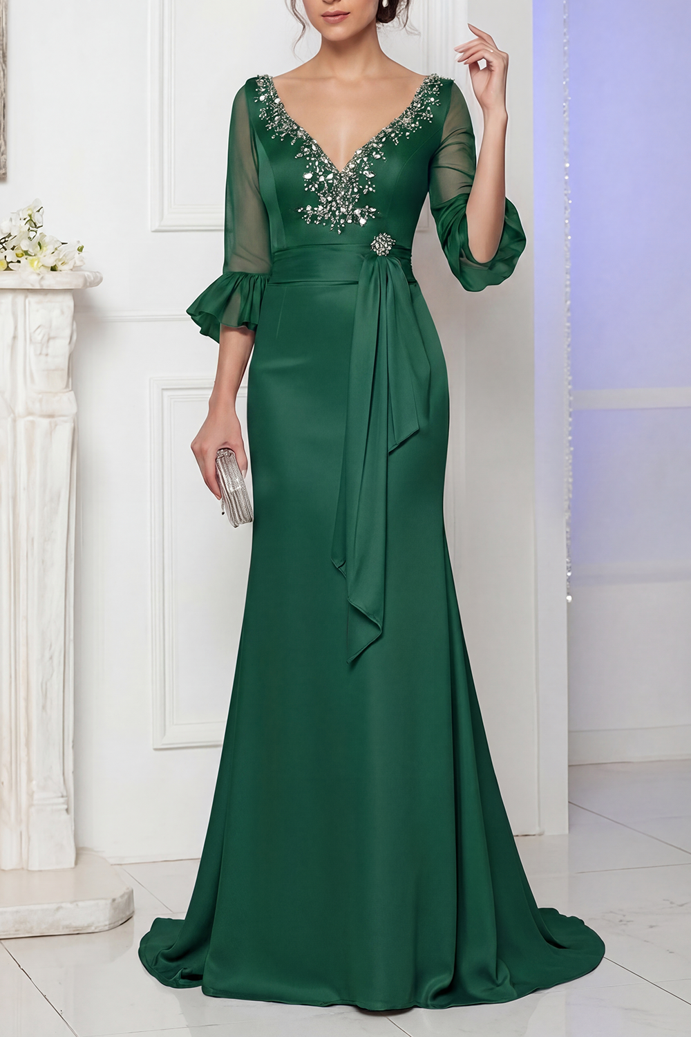 Evening Satin Dress Blue V Neck Lace Up Maxi Mother of the Bride Dress