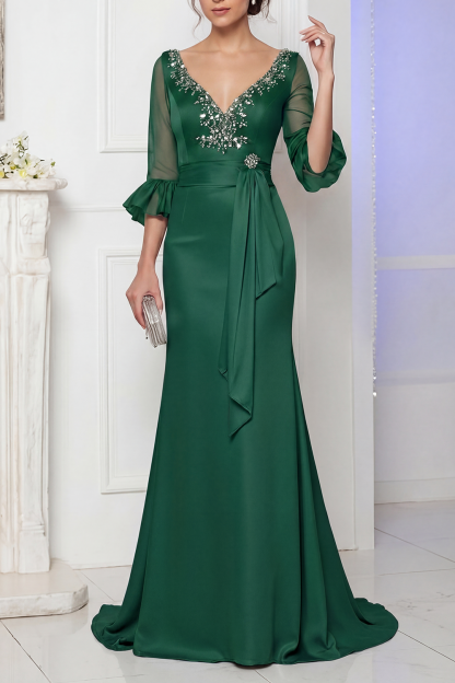 Evening Satin Dress Blue V Neck Lace Up Maxi Mother of the Bride Dress