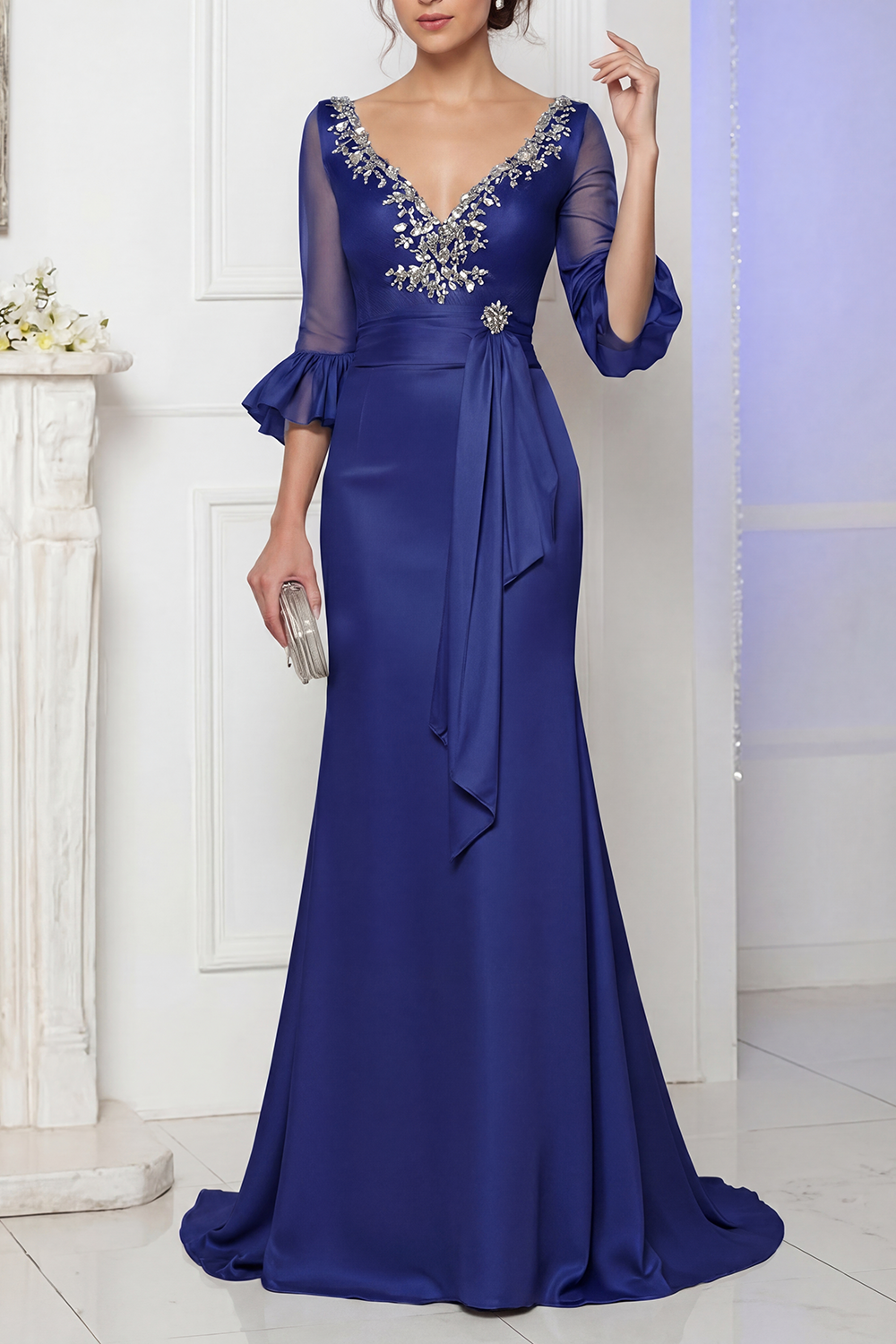 Evening Satin Dress Blue V Neck Lace Up Maxi Mother of the Bride Dress