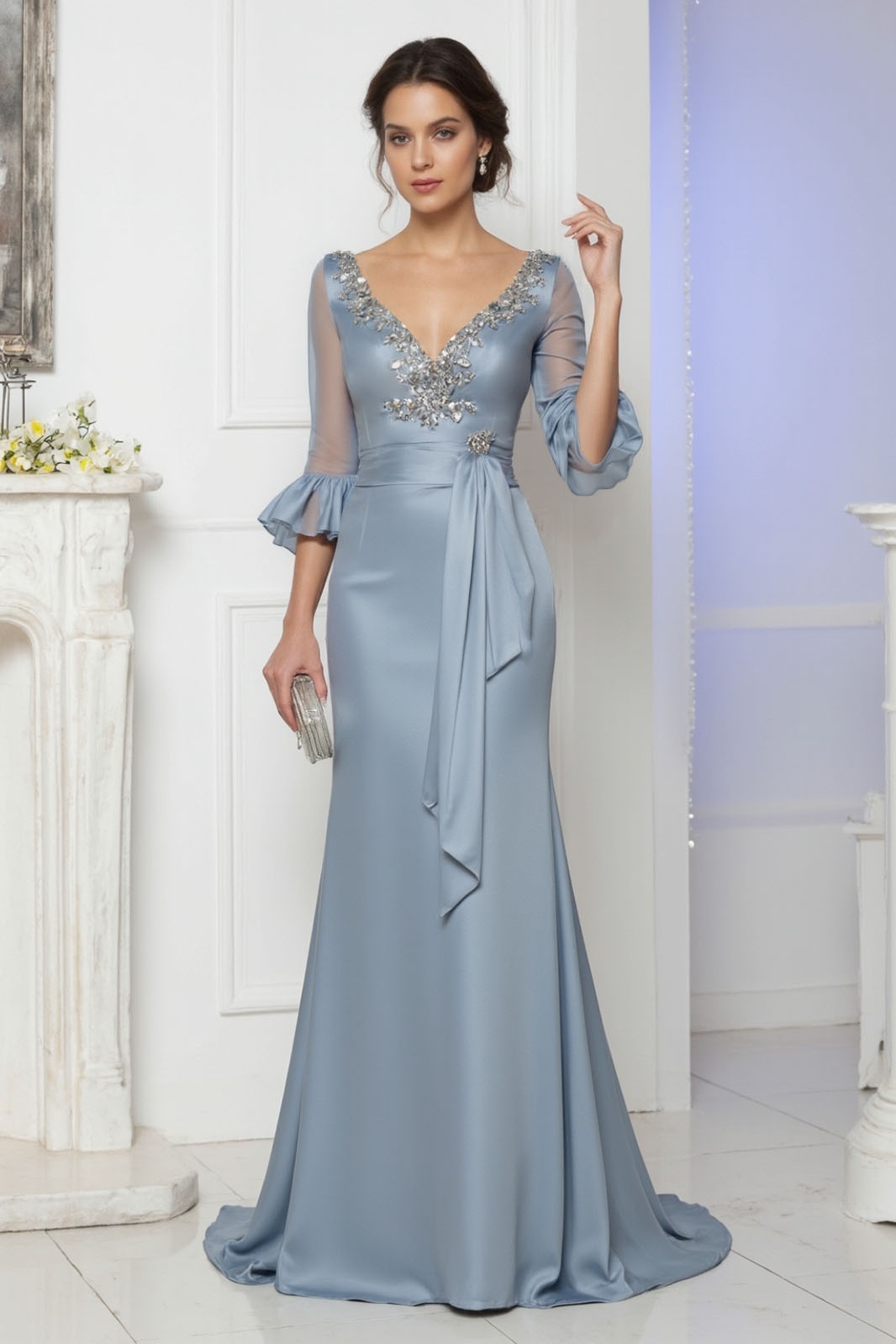 Evening Satin Dress Blue V Neck Lace up Maxi Dress for mother of the bride
