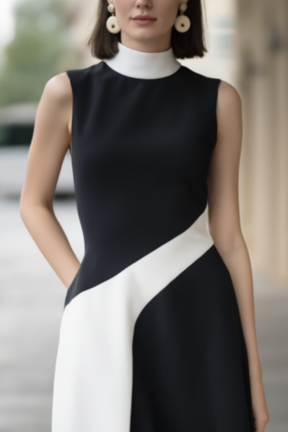 Sleeveless Office Dress with Stand Collar