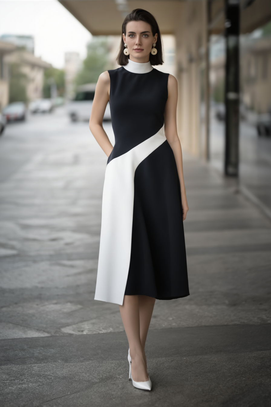 Work Dress Black White Stand Collar Colorblock Midi Dress