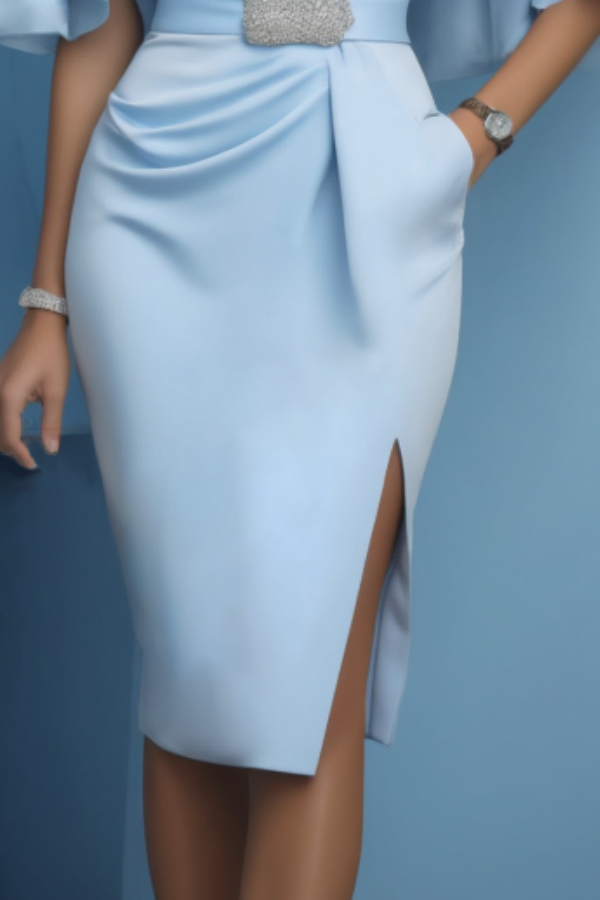 Work Dress Blue V Neck Belted Knee Dress