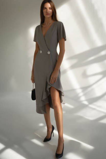 Work Dress Gray V Neck Ruffle Knee Dress