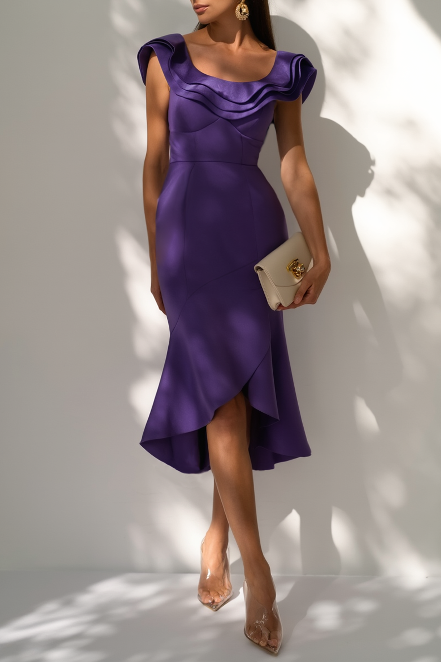 Party Cocktail Dress Purple Crew Neck Midi Mermaid Dress