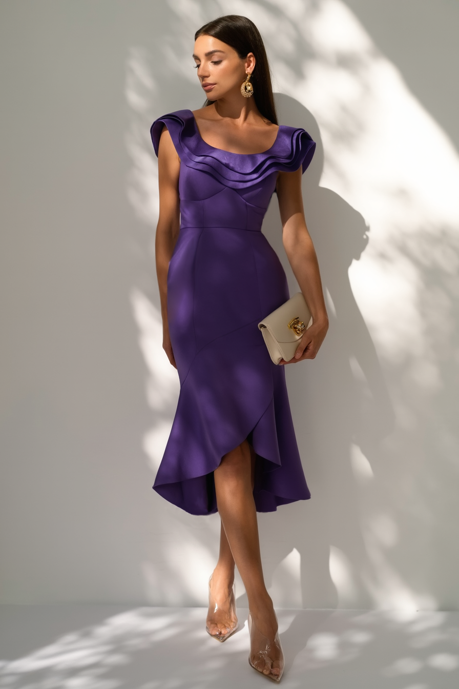 Party Cocktail Dress Purple Crew Neck Midi Mermaid Dress