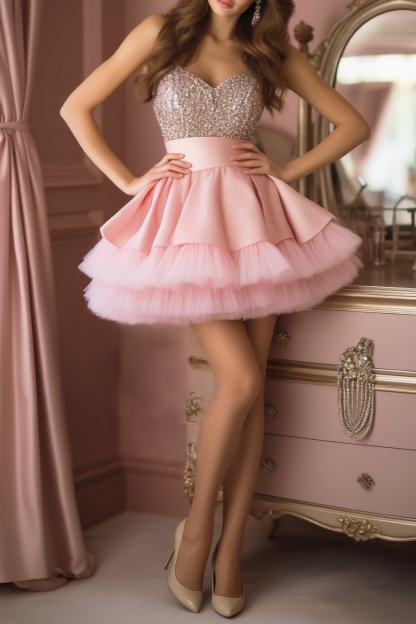 Homecoming Party Dress Pink Strapless Sequin Mini Tiered Dress