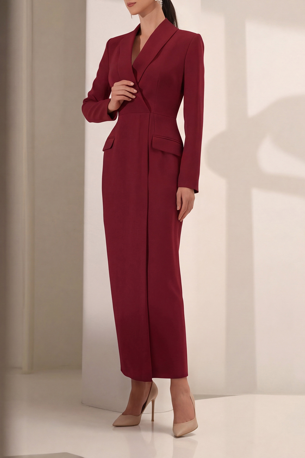 Fuchsia Work Blazer Dress V Neck Long Sleeve Maxi